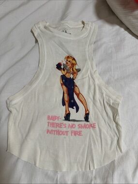 Boys Lie Cream Ribbed Tank with Graphic Pinup and Pink Text